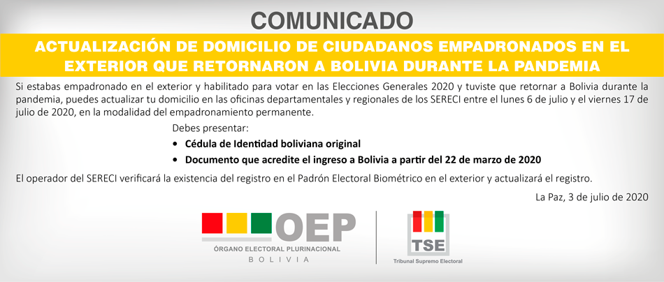 Ciudadanos que retornaron a Bolivia por la pandemia podrán actualizar su registro y votar en las Elecciones Generales