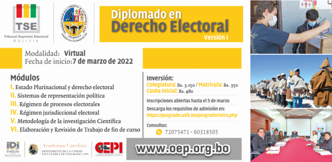 El TSE y la USFX de Chuquisaca lanzan el Diplomado en Derecho Electoral